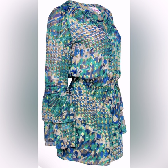 Parker Bohemian Metallic Floral & Sea Motif  Tiered Bell Sleeves Silk Mini Dress - Picture 5 of 8